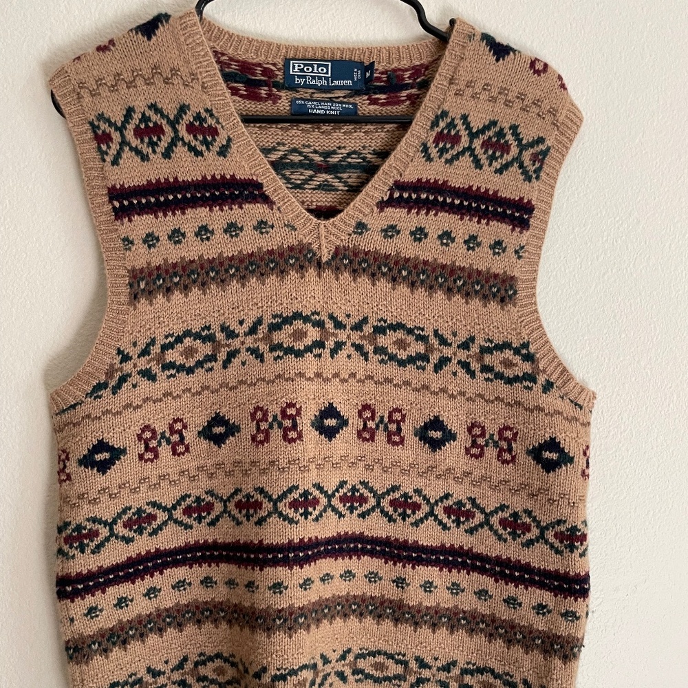 Vintage Ralph Lauren Polo Fair Isle Camel Hair Wool Sweater Vest M Hand Knit